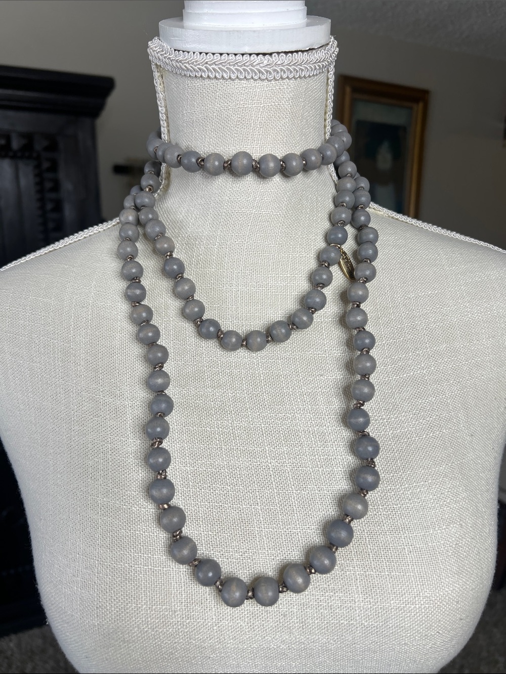 NEW Plunder Long Gray Wood Bead Statement Convertible Boho Oversized Necklace